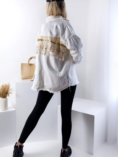 Crochet Back Denim shacket Cream-White