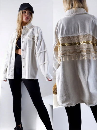 Crochet Back Denim shacket Cream-White