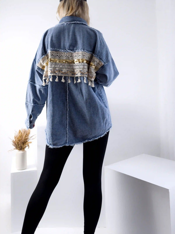 Crochet Back Denim Jacket Blue Diva Moda Ireland –