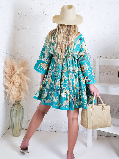 Adele V neck Printed dress Turquoise