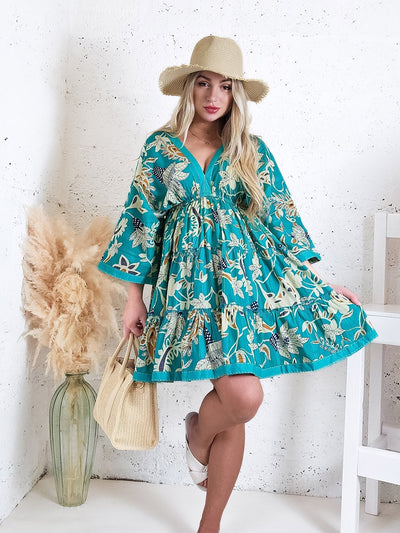 Adele V neck Printed dress Turquoise