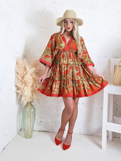 Adele V neck Printed dress Russet