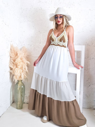 Alice Strappy Crochet Maxi dress Beige
