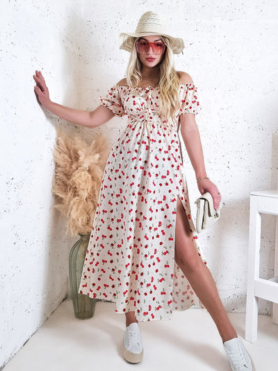 Ailyn Puff sleeve floral Maxi dress Beige