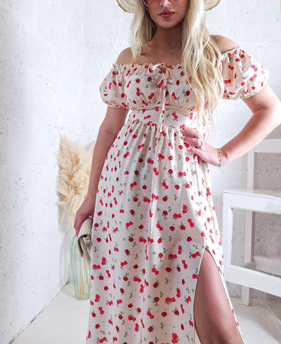 Ailyn Puff sleeve floral Maxi dress Beige