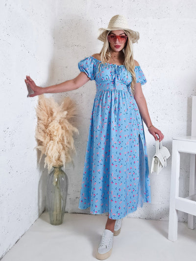 Ailyn Puff sleeve floral Maxi dress Baby Blue