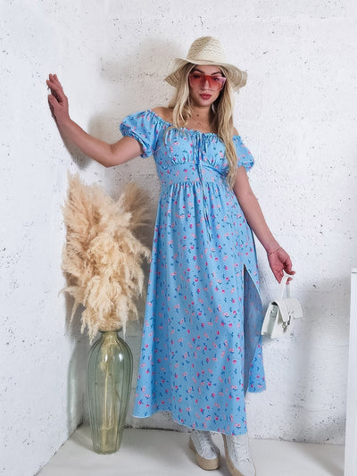 Ailyn Puff sleeve floral Maxi dress Baby Blue