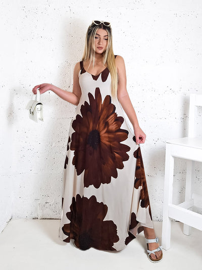 Athena Floral Wide strap Maxi dress Brown