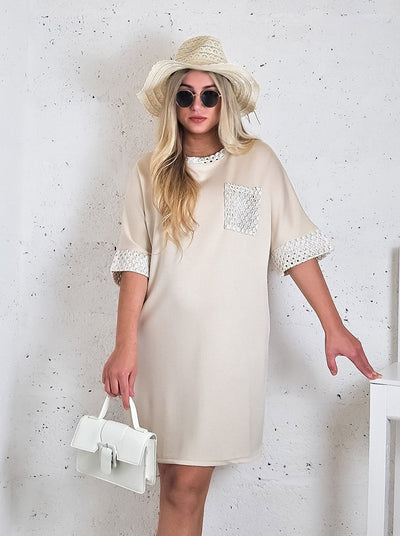 Alda crochet detail T-Shirt dress Beige