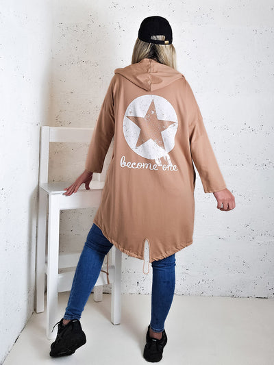 Hooded printed cardigan Star Camel