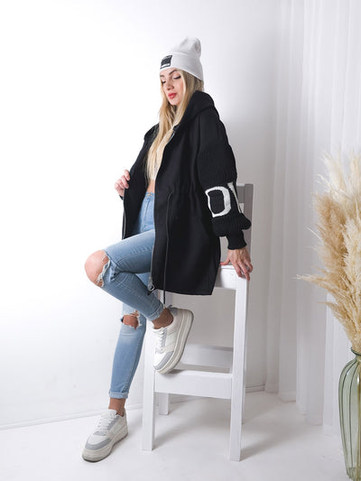 Love Black tie waist hooded coat