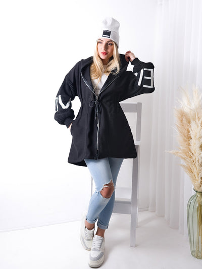 Love Black tie waist hooded coat