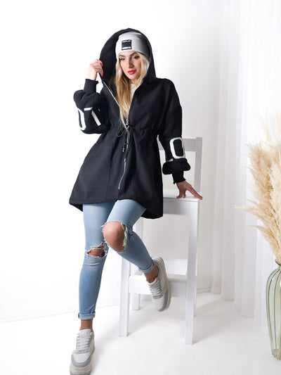 Love Black tie waist hooded coat