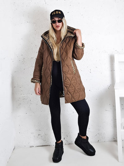 Leo Oversize Quilted hooded jacket Brown