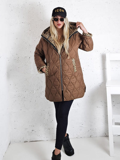 Leo Oversize Quilted hooded jacket Brown