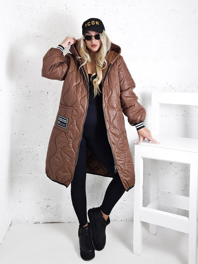 Sara Oversize Quilted hooded jacket Brown