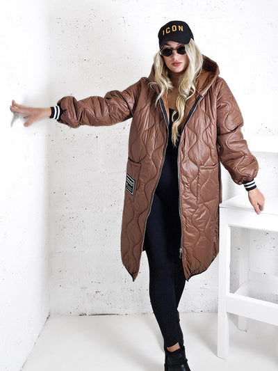 Sara Oversize Quilted hooded jacket Brown