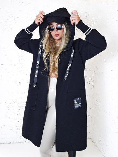 Lara Black hooded Longline coat
