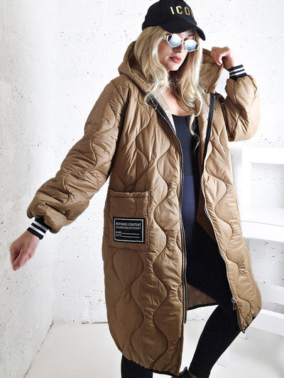 Sara Oversize Quilted hooded jacket Camel