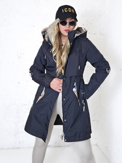Black hooded check detail parka jacket