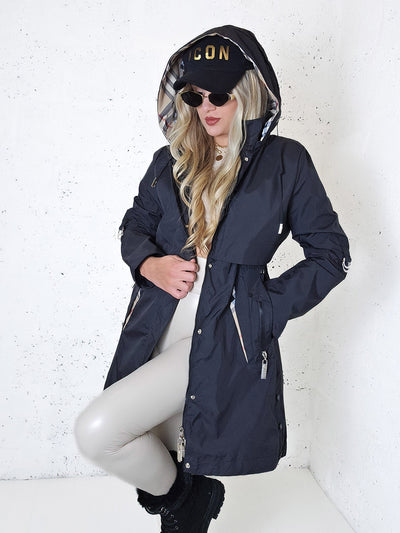 Black hooded check detail parka jacket