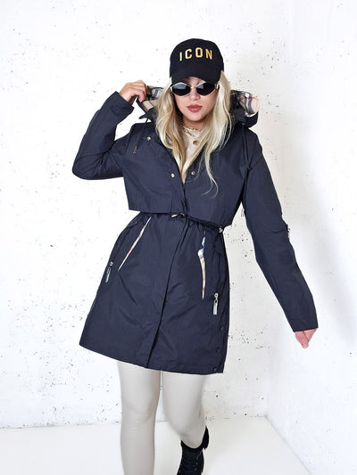 Black hooded check detail parka jacket