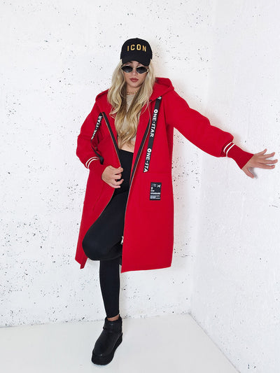 Lara Red hooded Longline coat