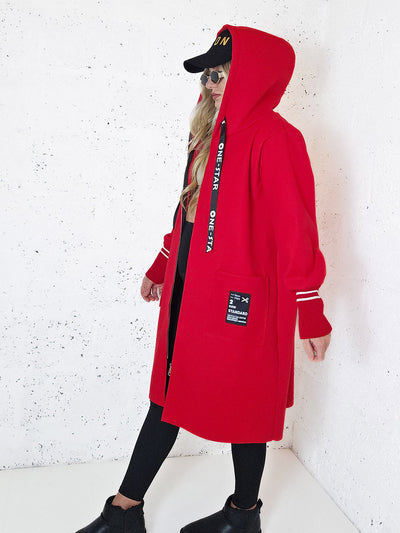 Lara Red hooded Longline coat