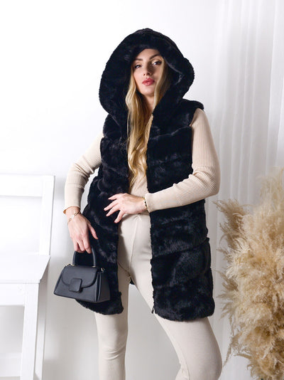 Ollie hooded Faux fur gilet Black