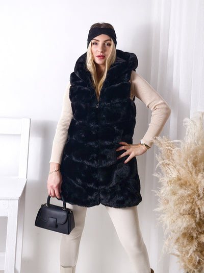 Ollie hooded Faux fur gilet Black