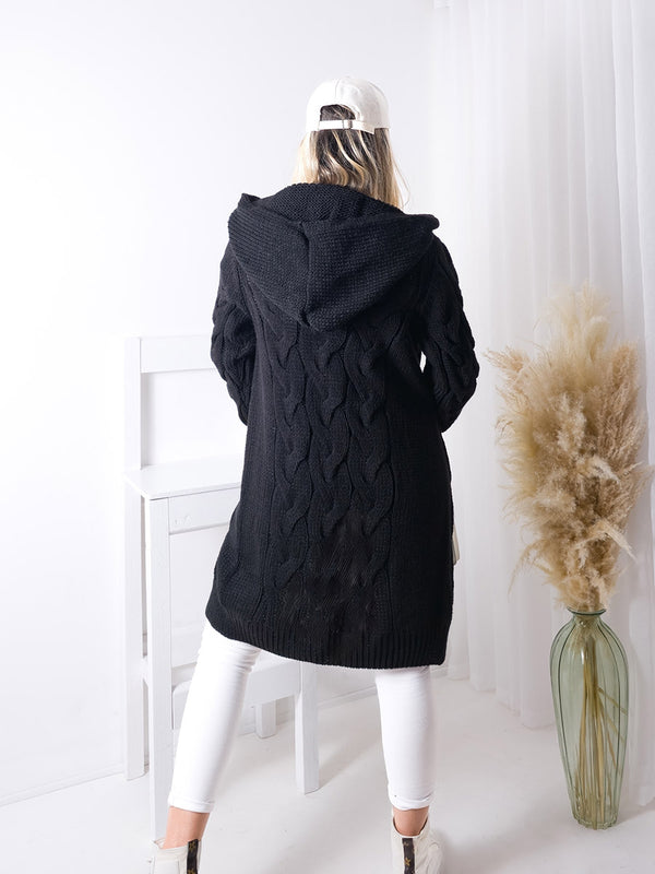 Ella Chunky knit hooded cardigan Black Divamoda Ireland