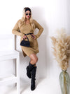 Sissy v-neck belted knitted dress Camel