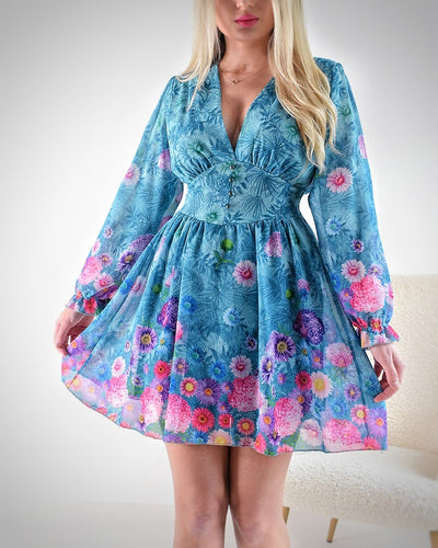 Teal Floral print v-neck dress