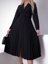 Black Pleated belted midi v-neck dress