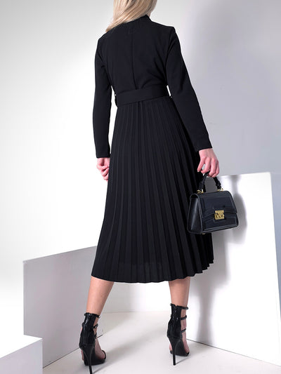 Black Pleated belted midi v-neck dress