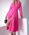 Pink Pleated belted midi v-neck dress