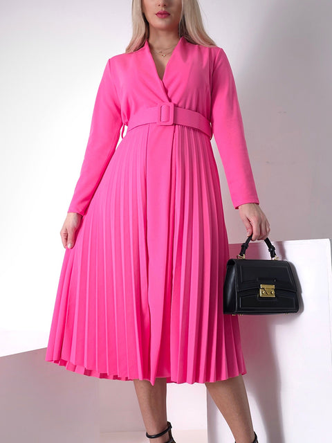 Pink Pleated belted midi v-neck dress