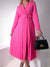 Pink Pleated belted midi v-neck dress