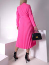 Pink Pleated belted midi v-neck dress