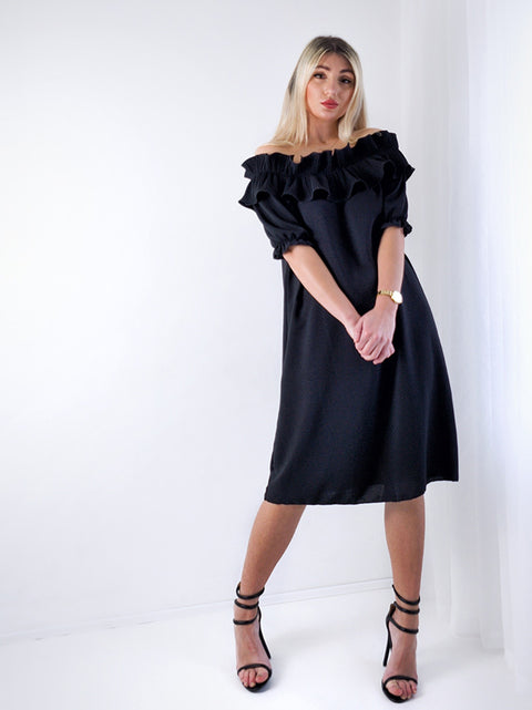 Freya frill shoulder dress Black