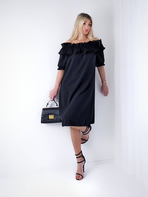 Freya frill shoulder dress Black