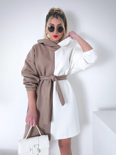 2 color belted hooded jumper dress Beige