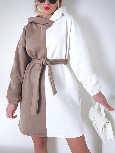 2 color belted hooded jumper dress Beige