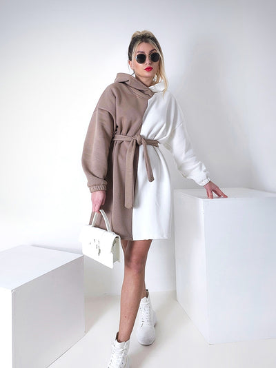 2 color belted hooded jumper dress Beige