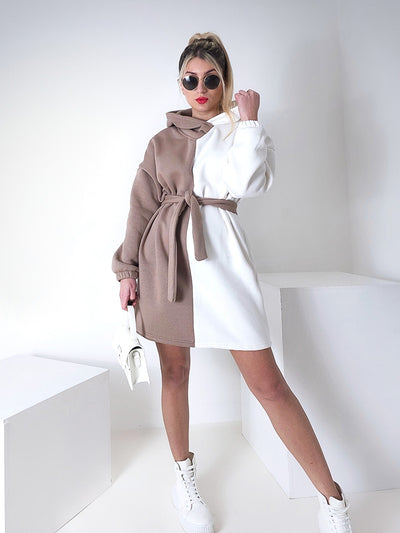 2 color belted hooded jumper dress Beige