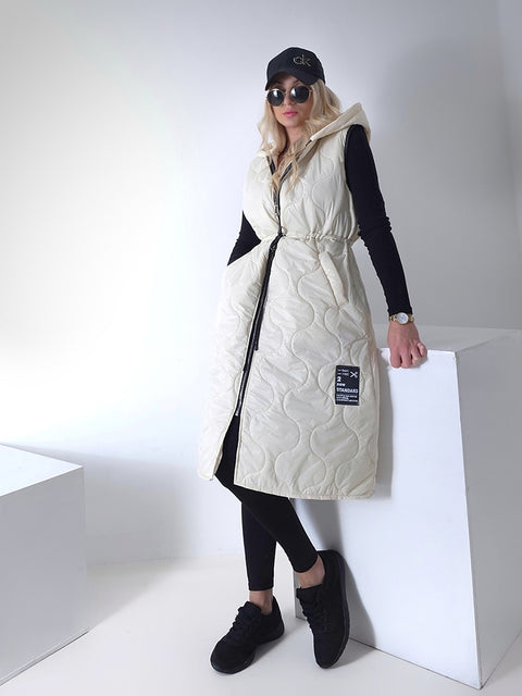 Cream Longline hooded quilted gilet
