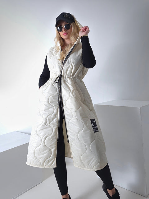 Cream Longline hooded quilted gilet