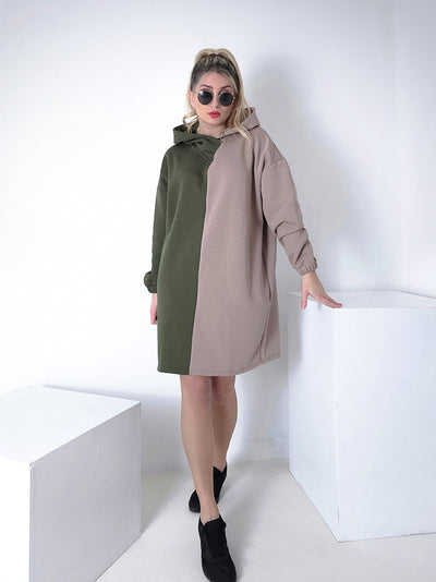 2 color belted hooded jumper dress Khaki