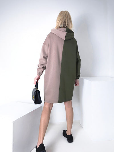 2 color belted hooded jumper dress Khaki