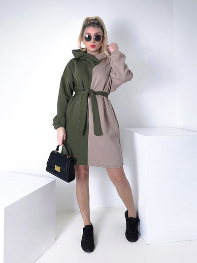 2 color belted hooded jumper dress Khaki